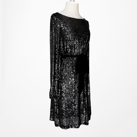 Vintage Y2K Black Long Sleeve Sequin Knee Length Tied Waist Dress Size M - Picture 4 of 7